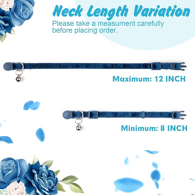 azuza 2 Pack Cat Collar Floral with Bell and Removable Flower Bowtie Breakaway Adjustable Velvet Fabric Cat Collar for Pets and Daily Decoration，Blue & Royal Blue
