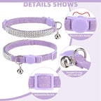 EXPAWLORER Soft Velvet Safe Cat Collars for Girl Cats - Rhinestones Adjustable Collars Breakaway- Chirstmas Cat Clollar Gifts with Bells for Boy Cats Kitty and Small Dogs(XS,Purple)
