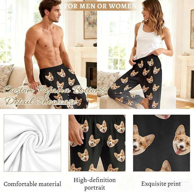 Custom Couple Pajama Pants Sock with Funny Face, Personalized PJ Anniversary Birthday Women Men Pants