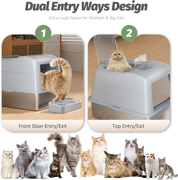 Shikha Stainless Steel Cat Litter Box with 110° Flip-Top Lid -XXL Top Entry Enclosed Litter Box for Large Cats with Deodorization Box, Odor-Free, Non-Sticky, Anti-Leak, Removable Lid for Easy Cleaning