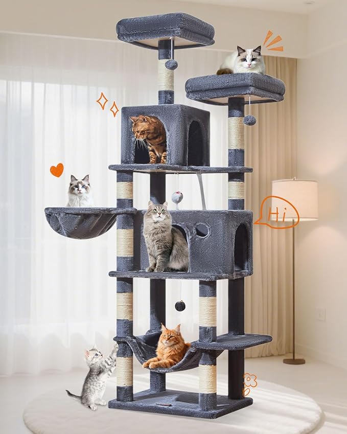 Taoqimiao Large Cat Tree，73-Inch Cat Tree Tower with 9 Scratching Posts for Indoor Cats, 2 Large Cat Condo with Hammock, Hanging Basket, 2 Extended Platform, Smoky Gray MS013XLG
