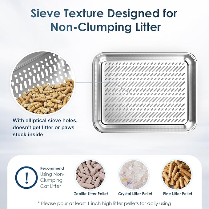 Stainless Steel Litter Box with Lid, Sifting Litter Box for Pine Pellets, 17.3”×13.4”×10.5” Enclosed Metal Litter Boxes for Small Cats & Kittens, High Sided Anti-Leakage, Easy Cleaning, Less Tracking