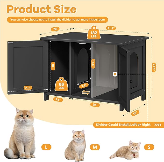 Shintenchi Cat Littler Box Enclosure, Litter Box Furniture Hidden with Removable Divider, Cat House with End Table, Black, 31.5 inch
