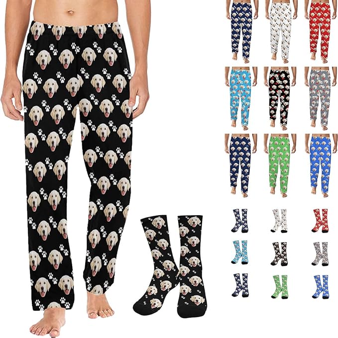Artsadd Personalized Christmas Pajama Pants Socks for Men Custom Photo Pajama Bottoms for Men S-XXL
