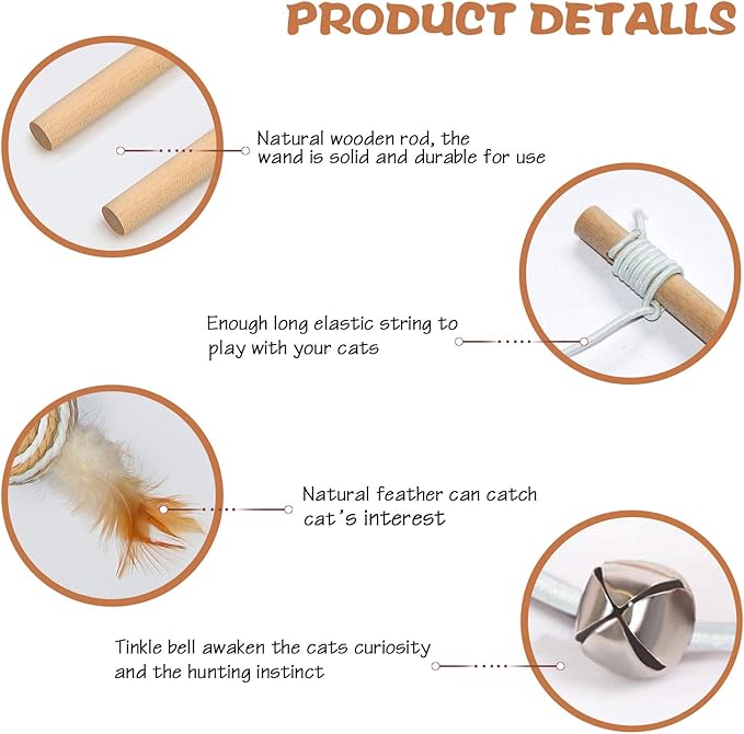 Cat Toys for Indoor Cats - 3pcs 16 Inch Natural Wood Teaser Wand With Refills for Kitten Exercise and Play - Bonus 5pcs Catnip Sticks for Teeth Cleaning