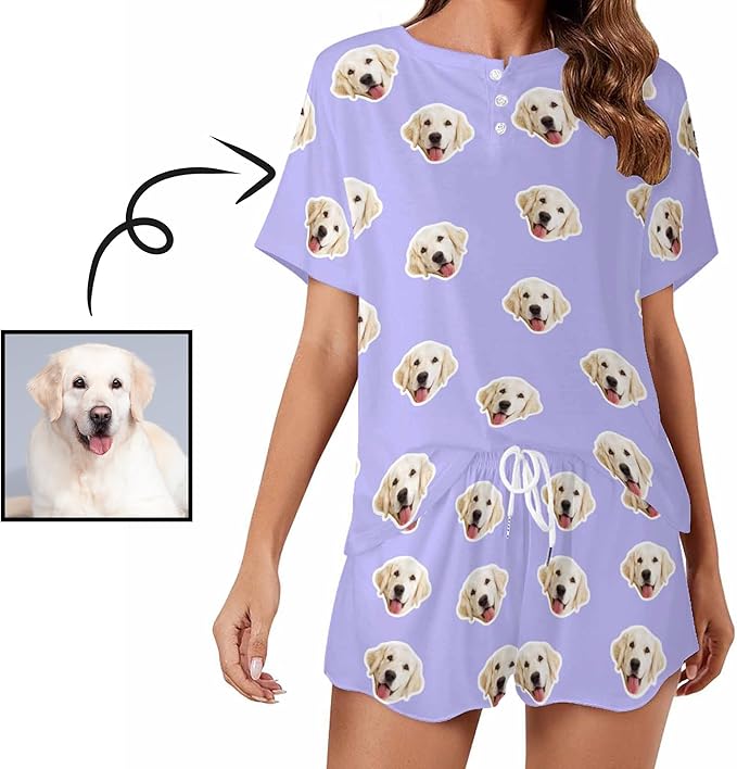 Custom Short Pajamas Set with Face Photo Women‘s Sleepwear Tee Personalized PJ Short Loungewear Set fot Her
