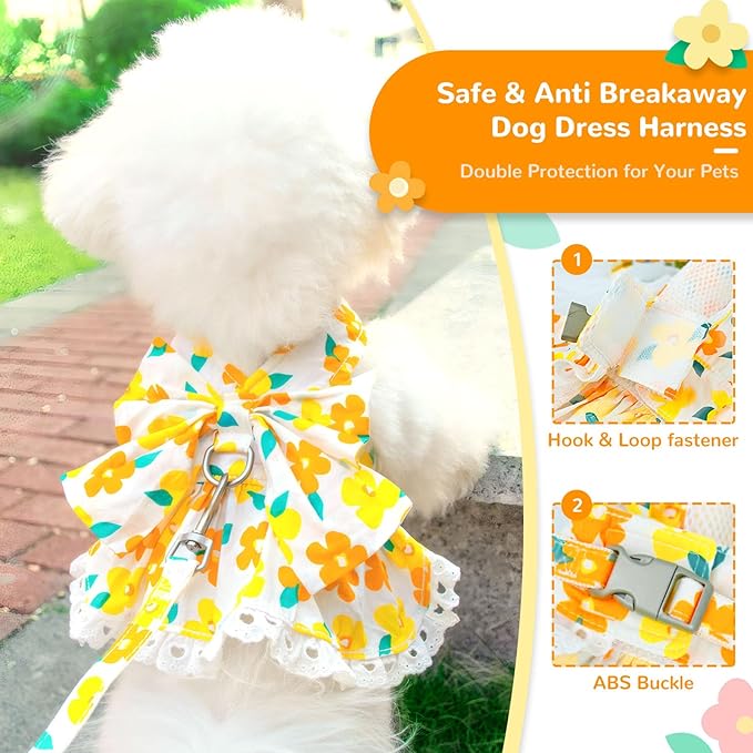 Dog Harness Dress Leash Set for Small Dog Summer Clothes Girl Female Puppy Cats Outfits Cute Floral Bowknot Princess Birthday Dress for Extra Small Pet Doggie Kitten Outfits Apparel(Yellow,L)