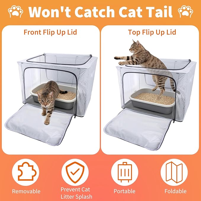 Cat Litter Box Cover with Front and Top Flip-Up Lid,Foldable Waterprof Cat Litter Cover for Odor Control,Easy Access(24x17x16inch)