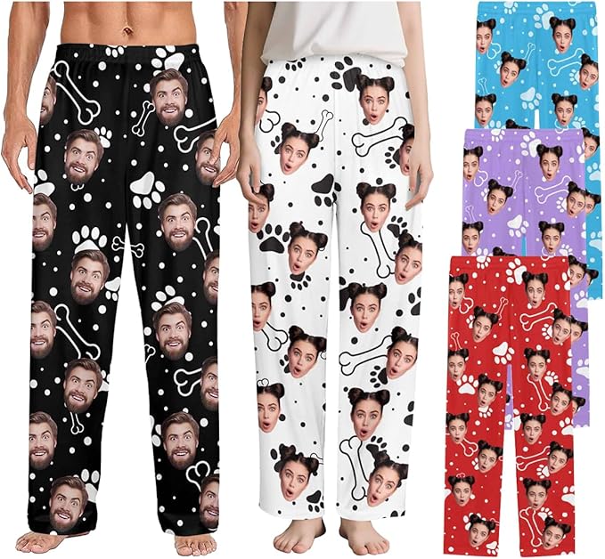 Custom Couple Pajama Pants Sock with Funny Face, Personalized PJ Anniversary Birthday Women Men Pants