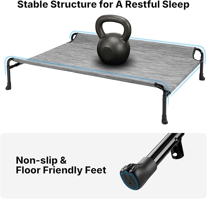 Veehoo Outdoor Elevated Dog Bed with Headrest Sides, Raised Dog Beds for Large Dogs, Washable Cooling Dog Cot with Non-Skid Feet, Breathable Mesh, Pet Hammock for Indoor or Camping, 41", Black Silver