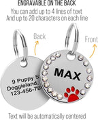 Paw Shape Dog ID Tag Stainless Steel Custom Laser Engraved, Cute Bling Glitter Pet Name Tags Personalized with Durable Engraving (Silver Round Crystals Paw)
