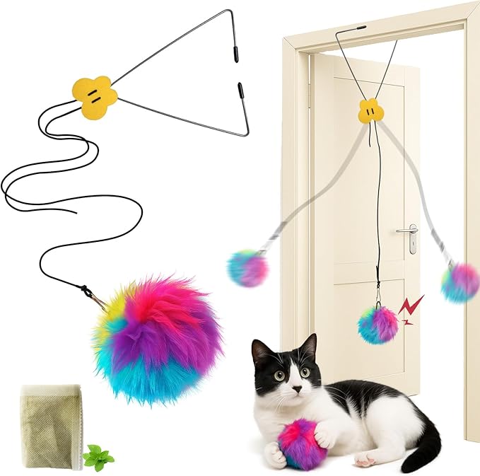 Interactive Cat Toys for Indoor Cats, Self-Play Hanging Door Toy for Kitten, Adjustable Height Exercise Bell Ball to Keep Kittens Active