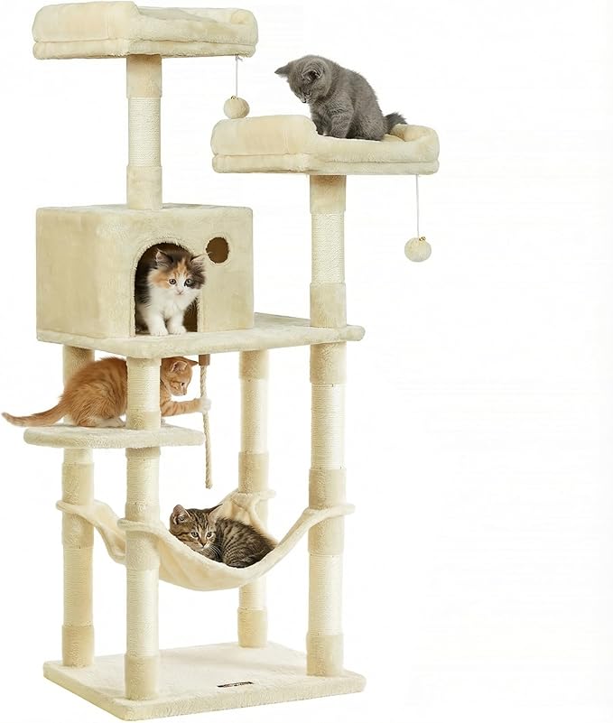 Feandrea Cat Tree, 56.3-Inch Cat Tower, Multi-Level Plush Condo with 11 Scratching Posts, 2 Perches, Hammock, Cave, Beige UPCT15BE