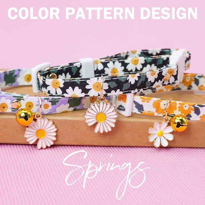 3 Pack Breakaway Cat Collars with Bell- Flower Pendant Spring Cat Collar for Girl Boy Cats with Safety Buckle- Cute Kitten Collar Adjustable 8"-12" for Kitty Puppy Small Pets