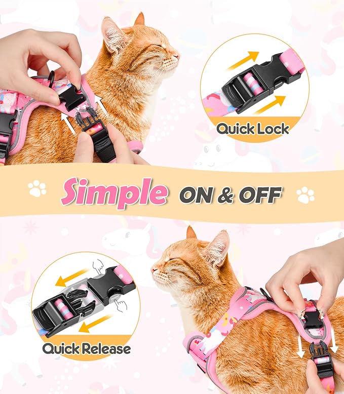 Halypet Cat Harness and Leash Set[MAX Safety 4th-Gen] Cute Escape Proof Vest Harness for Girl&Boy Cat Walking, Comfortable Adjustable Leash and Reflective Strips for Outdoor Kitten, XS Pink Unicorn
