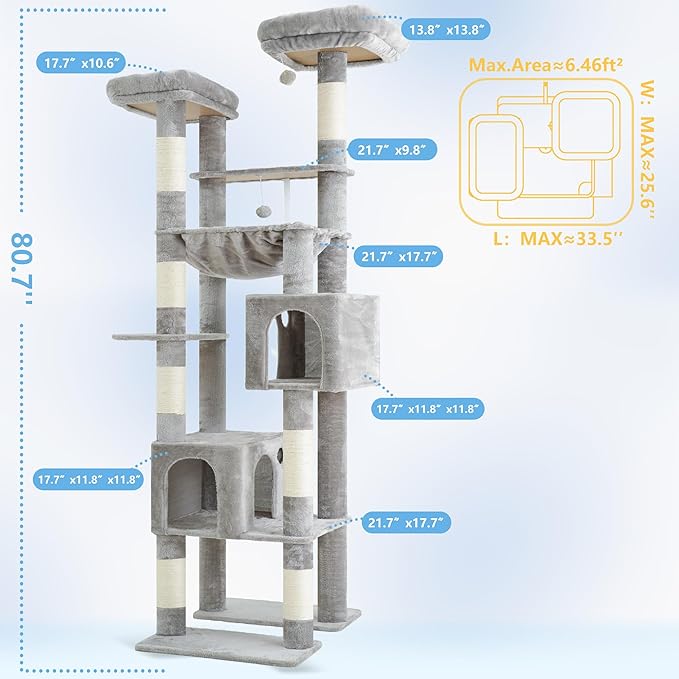 Hey-brother Tall Cat Tree Tower, Heavy Duty Scratching Posts with Large Platforms, Cozy Condos, Big Hammock, Toy Balls, Multi-Level Furniture for Indoor Adult Cats, 80.7 Inches, Light Gray MPJ039W