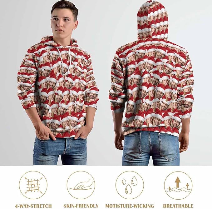 Artsadd Custom Face Unisex athletic Pockets Sweatshirt Loose Hoodie Custom Christmas Long Sleeve Sweatshirt Hooded Pullover