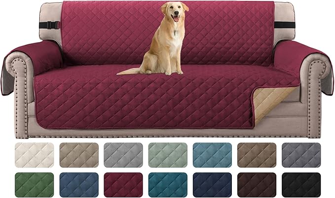 H.VERSAILTEX Sofa Slipcover for Dogs/Cats/Pets Sofa Cover Quilted Furniture Protector with Non Slip Elastic Strap Water Resistant Sofa Covers Couch Covers Seat Width to 66" (Sofa, Red/Tan)