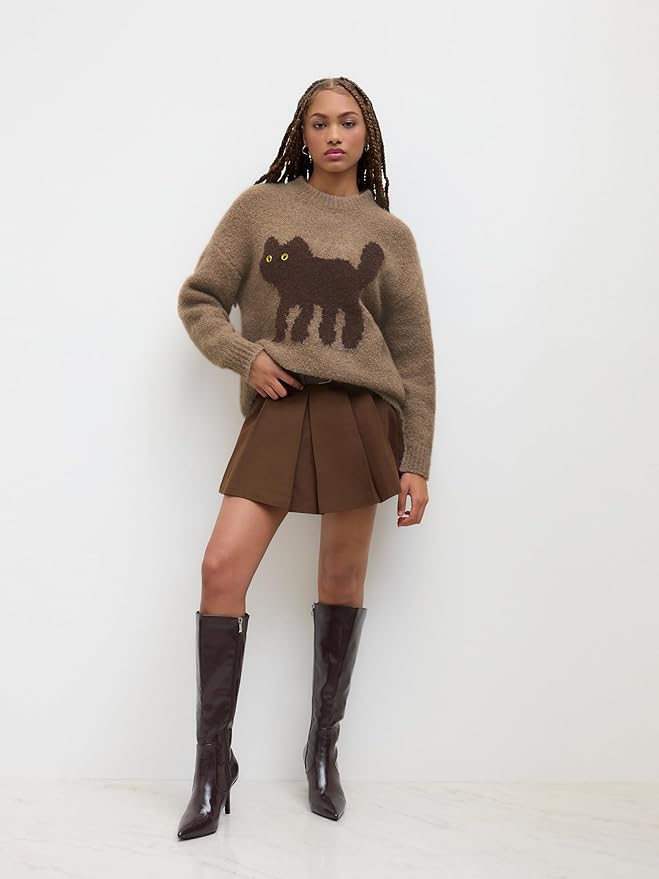 CIDER Women’s Cat Sweater Long Sleeve Crew Neck Fun Graphic Cute Patterned Chunky Pullover Sweater Tops