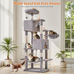 DUMOS Large 66 Inch Cat Tree Tower, Tall Multi Level Cat Climbing Tower with Natural Sisal Scratching Posts, Hammock, Pet Condo for Indoor Cats and Kittens Play, Grey