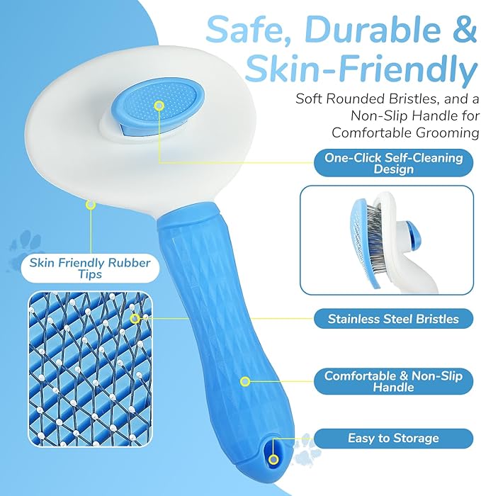Pet Hair Removal Brush & Glove Set – Self-Cleaning Slicker Deshedding Brush and Reusable Hair Removal Glove for Dogs, Cats & Horses, Gentle Grooming Tool for Long & Short Haired Pets