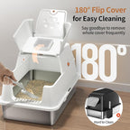 Stainless Steel Cat Litter Box with Lid, 180° Flip-Top XL Extra Large Enclosed Litter Box, Covered Metal High Sided Litter Pan with Steps & Scoop, Easy Cleaning, Odor Control,Non-Sticky-White