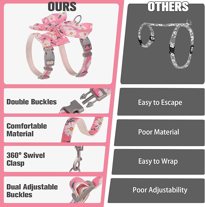 PAWCHIE Cat Harness and Leash Set with Bow Knot,Cats Escape Proof-Adjustable Daisy Floral Kitten Harness Soft Outdoor Walking Travel Pet Harness,Puppy Harness for Girl Cats Bunny Rabbit Small Dog,Pink