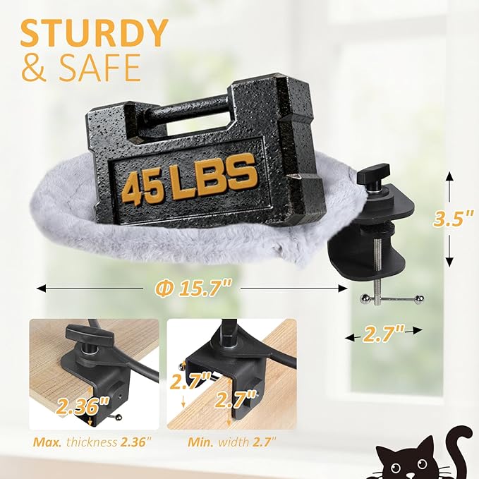 Topmart Cat Desk Bed with 360° Rotating, Cat Hammock for Desk with 2 Washable Pads, Easy to Install, Kittens Bed for Desk Attachment for Home Office,Up to 45LBS, Grey & Black
