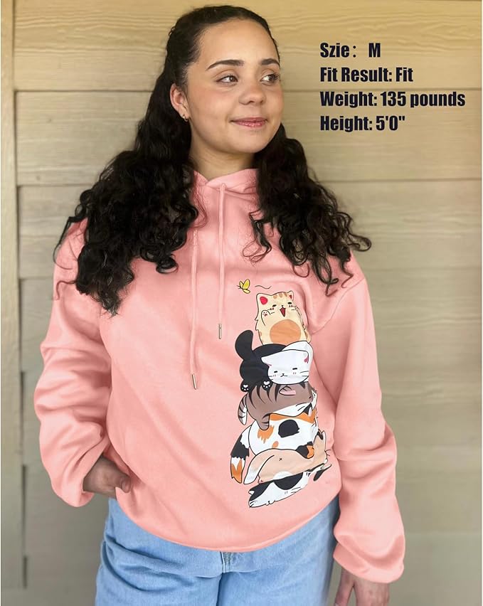 Tuislay Cute Cat Graphic Hoodies for Teen Girls Kawaii Cartoon Printed Hoodie Women Anime Print Hooded Sweatshirt Pullover