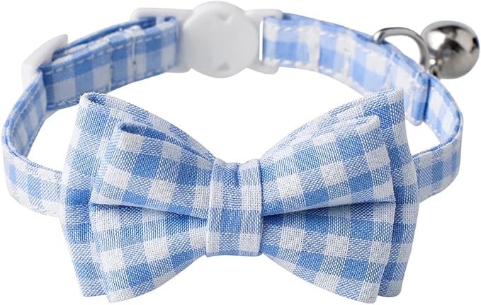 AIITLE Breakaway Cat Collar with Cute Bow Tie and Bell, Detachable Adjustable Safety Collars for Girl Cats and Boy Cats, Kittens, Puppy, Soft Stylish Plaid Patterns Cat Collars,Blue