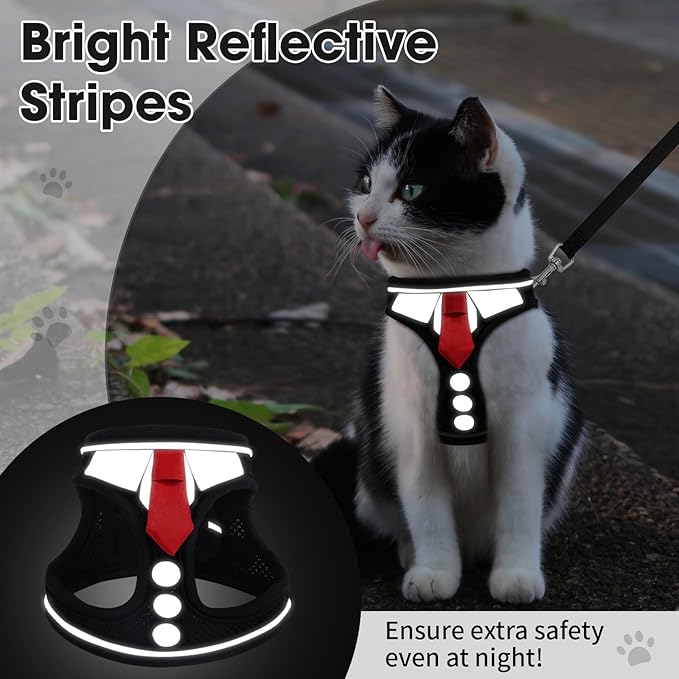 Cat Harness and Leash Set for Walking Escape Proof, Soft Adjustable Kitten Harness Breathable Mesh with Reflective Strips Harness for Kitty Puppy Bunny (Black, Small)