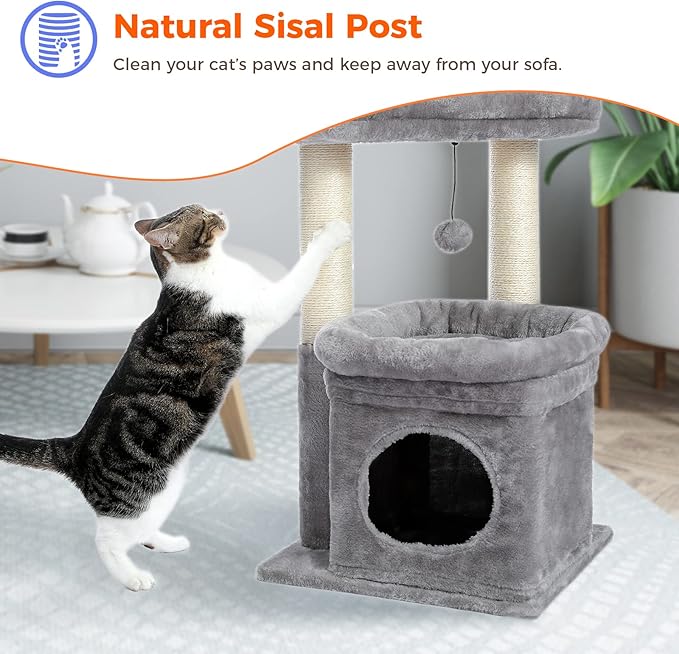 PEQULTI Cat Tree Tower for Indoor Cats with Private Cozy Cat Condo, Natural Sisal Scratching Posts and Plush Pom-pom for Small Cats