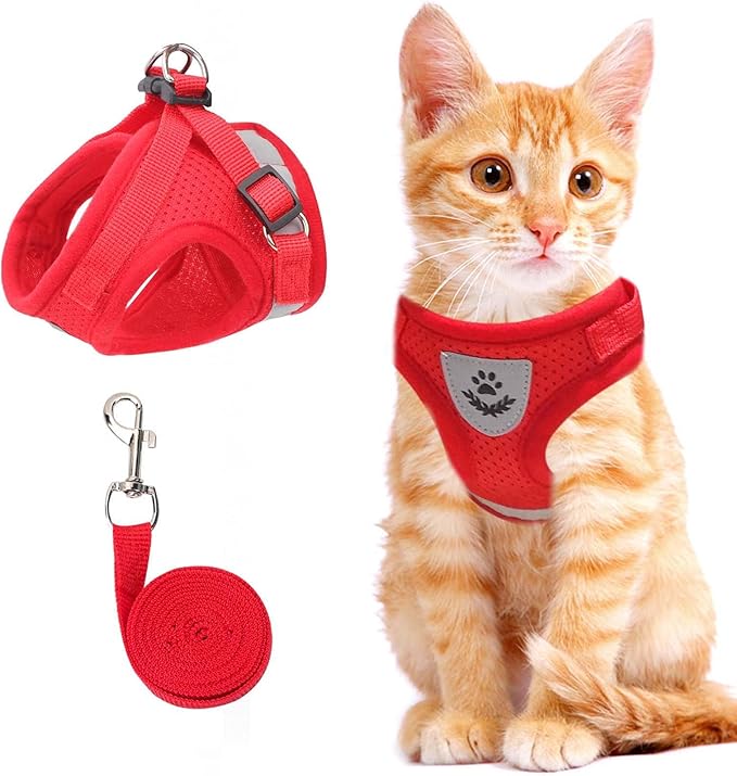 Red Cat & Dog Vest Harness - All Weather Mesh, Reflective Strap, Adjustable Step-in Harness for Small Pets (Red, S)