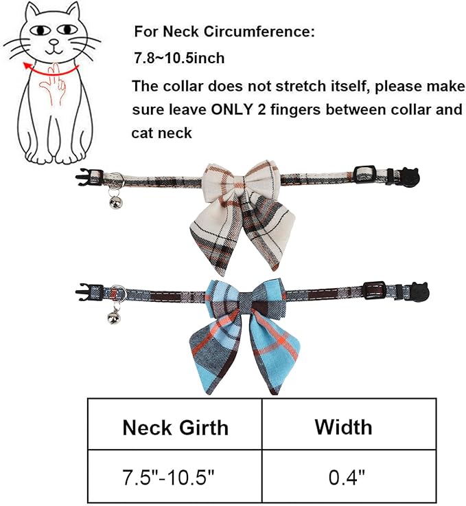 ADOGGYGO Plaid Cat Collars with Removable Bow Tie Bell, 2 Pack Beige Blue Plaid Kitten Bow Collar for Cats Kittens