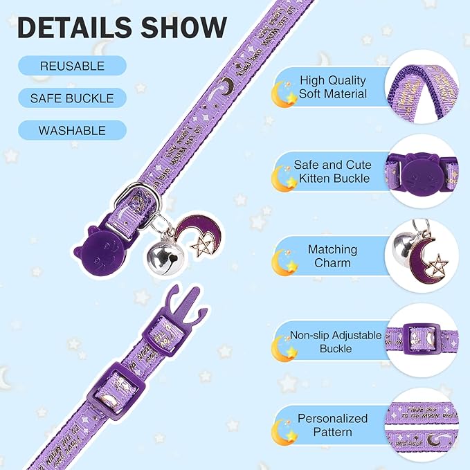 Cat Collar with Bells Breakaway, 3 Pack Moon and Star Cat Collar Reflective, Cute Kitten Collars with Pendant Glow in The Dark for Girl Boy Cats, 8"-12" Adjustable Safe Dog Puppy Kitty Collar