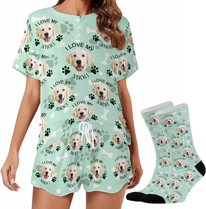 Custom Short Pajamas Set with Face Photo Women‘s Sleepwear Tee Personalized PJ Short Loungewear Set fot Her