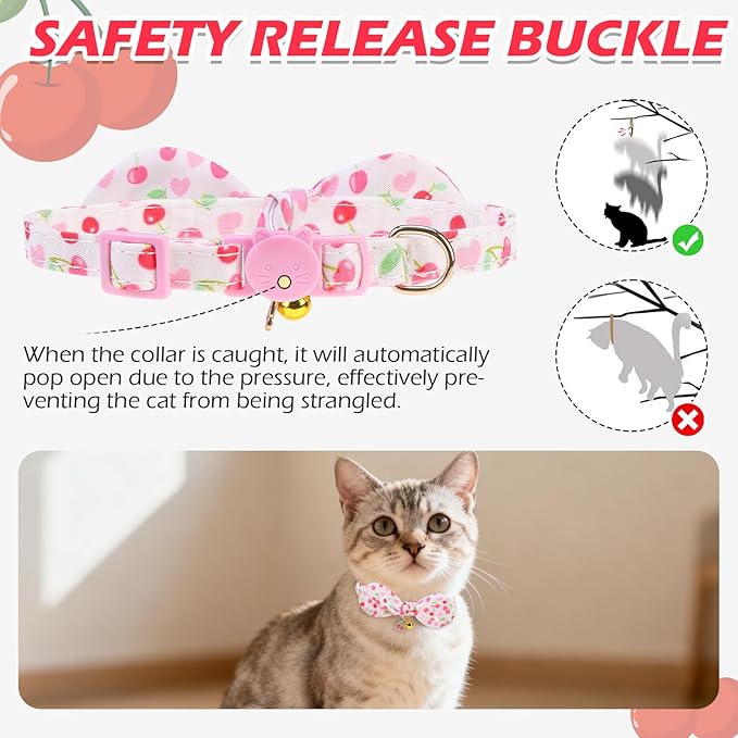 EXPAWLORER Bunny Ear Cat Collar with Bell, Soft Breakaway Kitten Collar with Bow and Accessory, Pink Girl Cat Collars with Safety Quick Release Clasp, Pet Collar for Valentine's Day (Cherry)