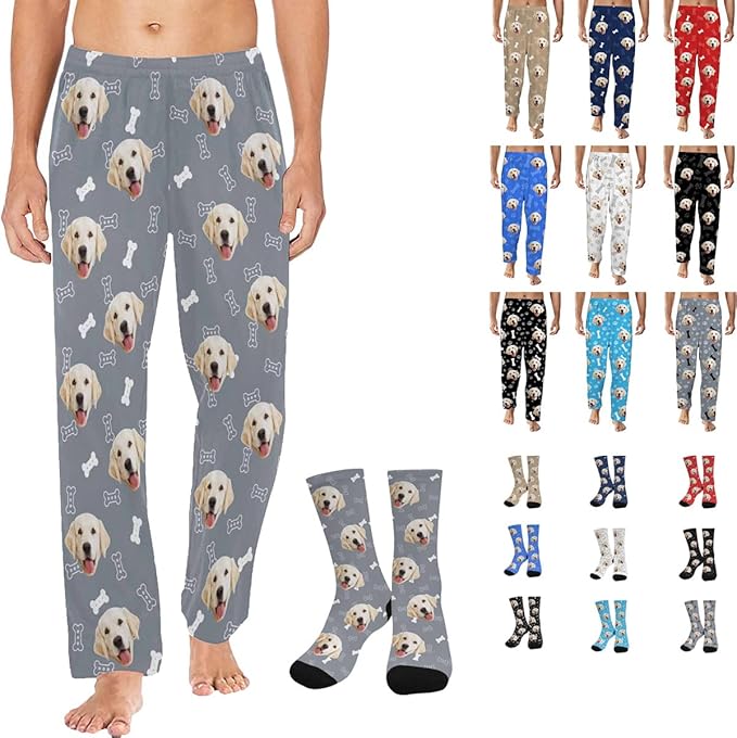 Artsadd Personalized Christmas Pajama Pants Socks for Men Custom Photo Pajama Bottoms for Men S-XXL