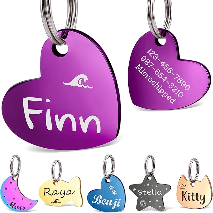 Anavia Small Size Dog Cat ID Tags, Small/XS Personalized Color Plated Stainless Steel Puppy Kitten Name Tags, Customized Engraved Nameplate Pet Collar Tag (Purple, Heart)