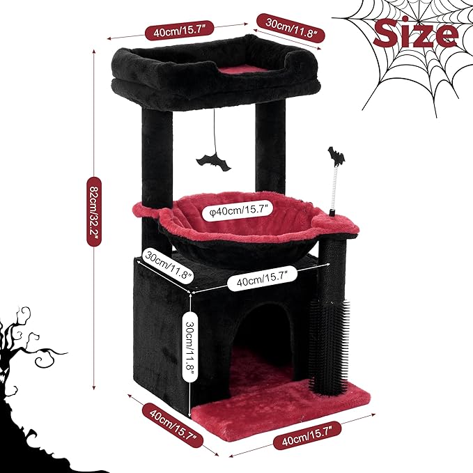Gothic Cat Tree 32 Inches Small Cat Tree for Large Cats Adult Cat Tower with Scratching Post,15.7”Large Hammock and Self Groomer, and Removable Top Perch and Wide Condo for Indoor Cat-Gothic