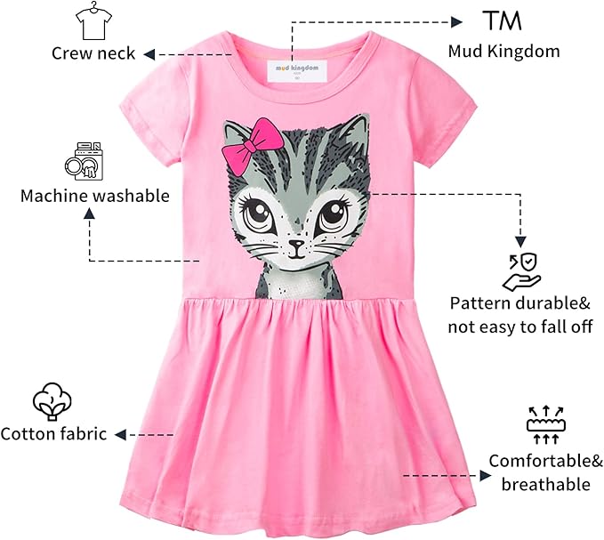 Mud Kingdom Little Girls Dresses Cotton Summer Holiday Cute Cat Dress Short Sleeve