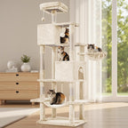DUMOS Large 66 Inch Cat Tree Tower, Tall Multi Level Cat Climbing Tower with Natural Sisal Scratching Posts, Hammock, Pet Condo for Indoor Cats and Kittens Play, Beige