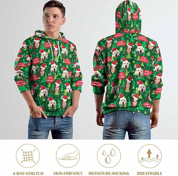 Artsadd Custom Face Unisex athletic Pockets Sweatshirt Loose Hoodie Custom Christmas Long Sleeve Sweatshirt Hooded Pullover