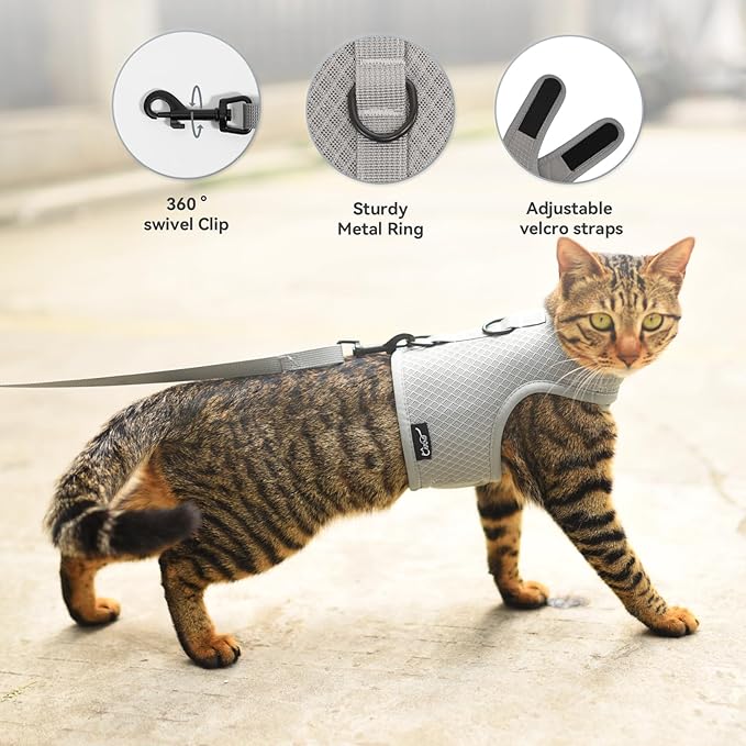 Cat Harness and Leash for Walking Escape Proof Breathable Mesh Fabric, Solid Grey, Medium, Adjustable Cat Walking Jackets, Padded Stylish Cat Vest