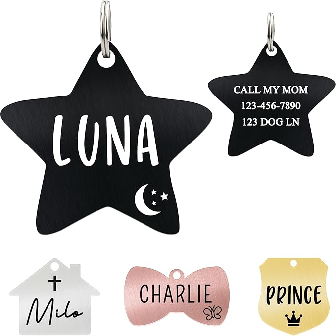 Ultra Joys Cat ID Tag Personalized Pet Tags, Durable Stainless Steel Small Pet Mini Dog Cat Tag Lightweight - Star Tag in Black