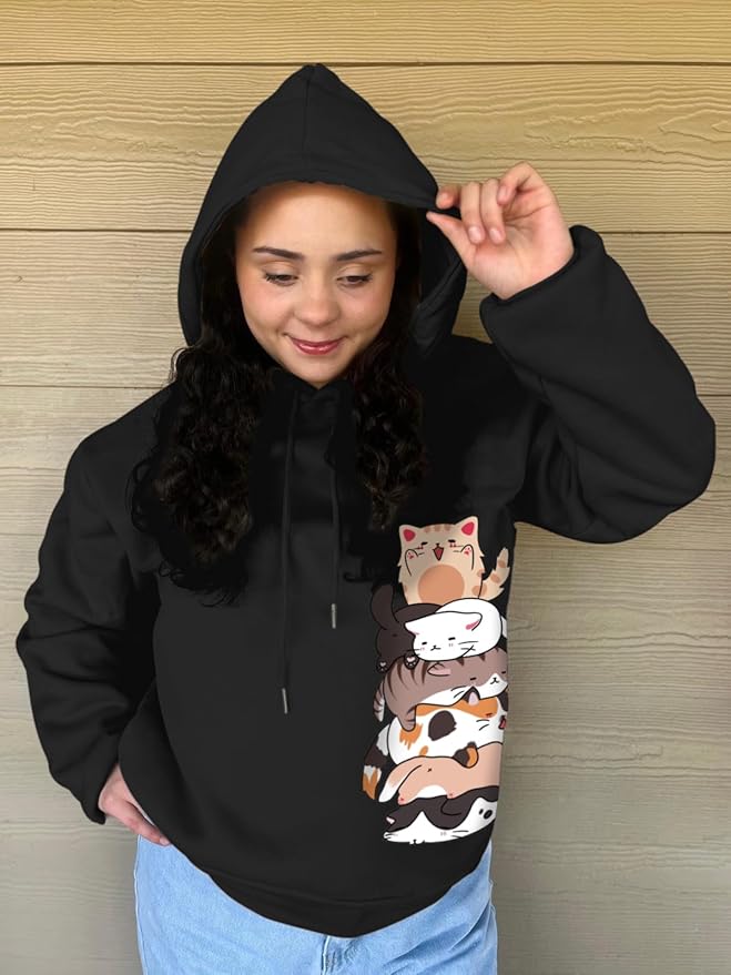 Tuislay Cute Cat Graphic Hoodies for Teen Girls Kawaii Cartoon Printed Hoodie Women Anime Print Hooded Sweatshirt Pullover