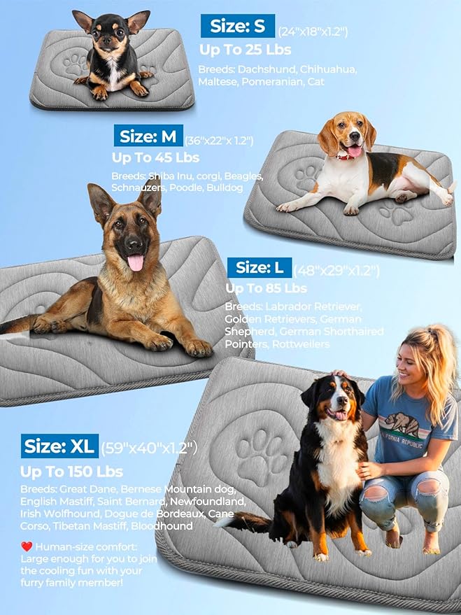 Dog Cooling Mat, Anti-Slip, Thick 3D Orthopedic Summer Pad for Dogs & Cats, Q-MAX > 0.5, Non-Toxic, Machine Washable, Chew-Resistant, Portable for Crate, Bed, Sofa, Car (Cool Grey, Large)