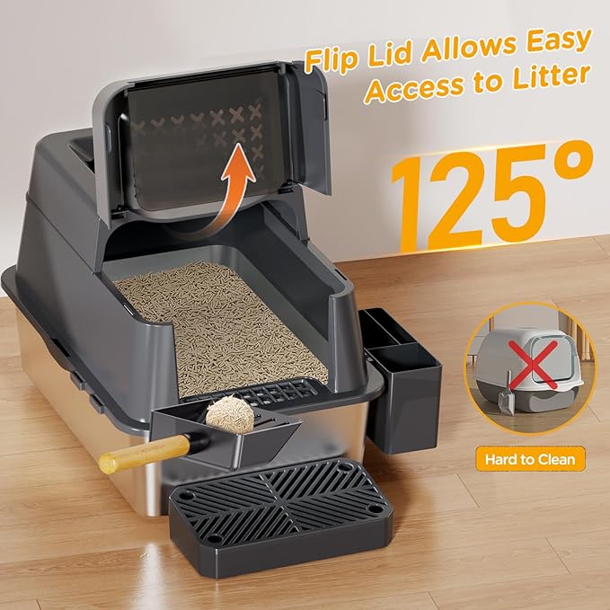 Stainless Steel Litter Box with Lid, XL Closed Metal Litter Box Modular Design with Flip Lid Fits All Cats, Extra Large Covered High Sided Cat Box, Scoop, Non-Sticky, Easy Cleaning (Dark Grey)