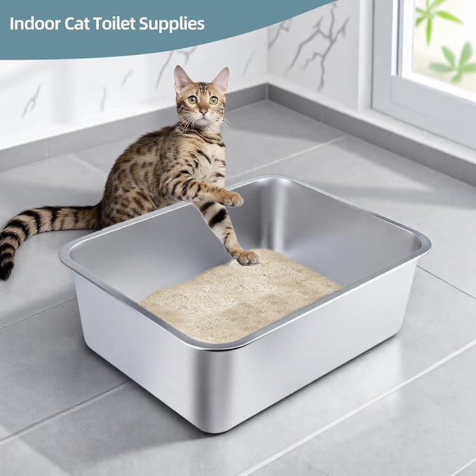 Stainless Steel Cat Litter Box - Large Metal High-Sided Pan for Cats, Pets, Non-Stick, Odor-Free, Easy to Clean, Splash-Proof, Durable (17.7" L x 13.8" W x 6" H)