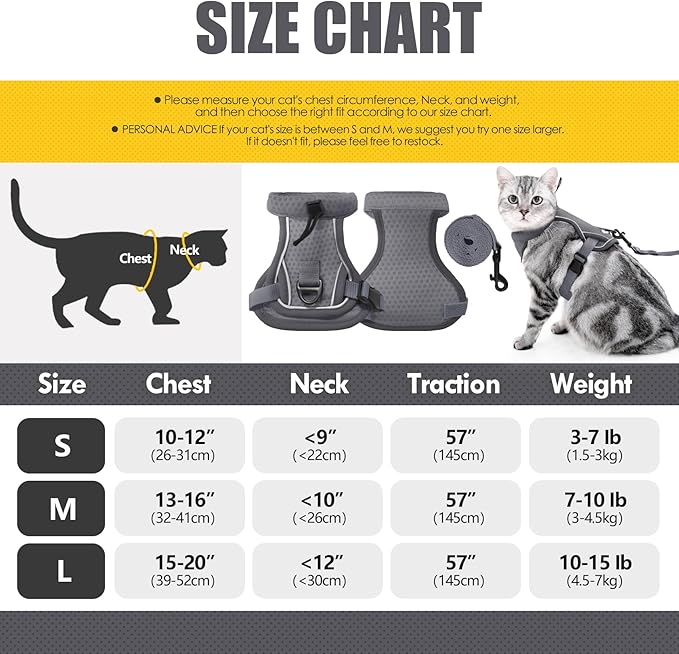 Cat Harness and Leash Set - Escape Proof, Adjustable Breathable Vest Harnesses with Reflective Strips, Easy Control & Secure Walking for Small Medium Large Cats Kitten Collar (Grey, Large)